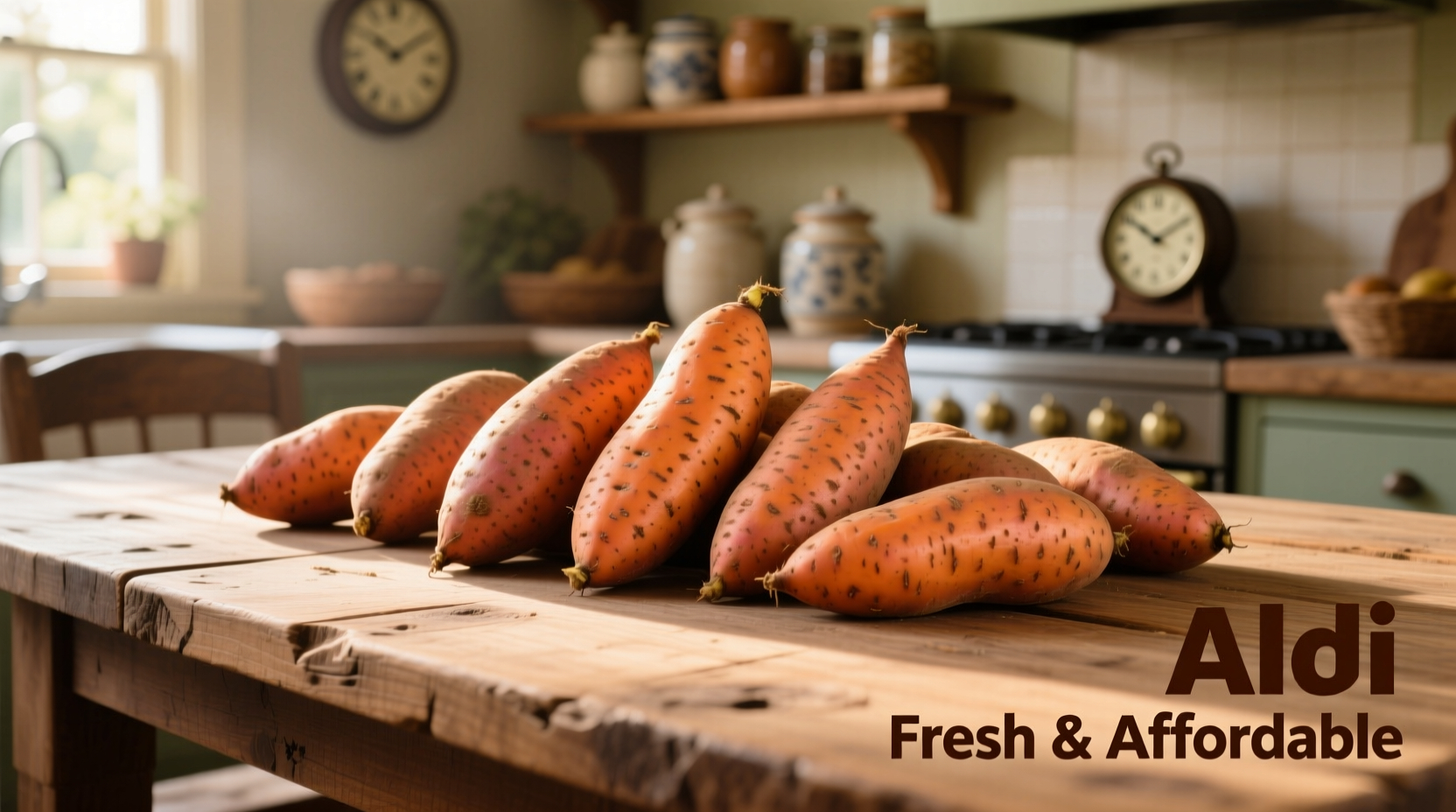 Fresh Aldi sweet potatoes arranged on wooden table