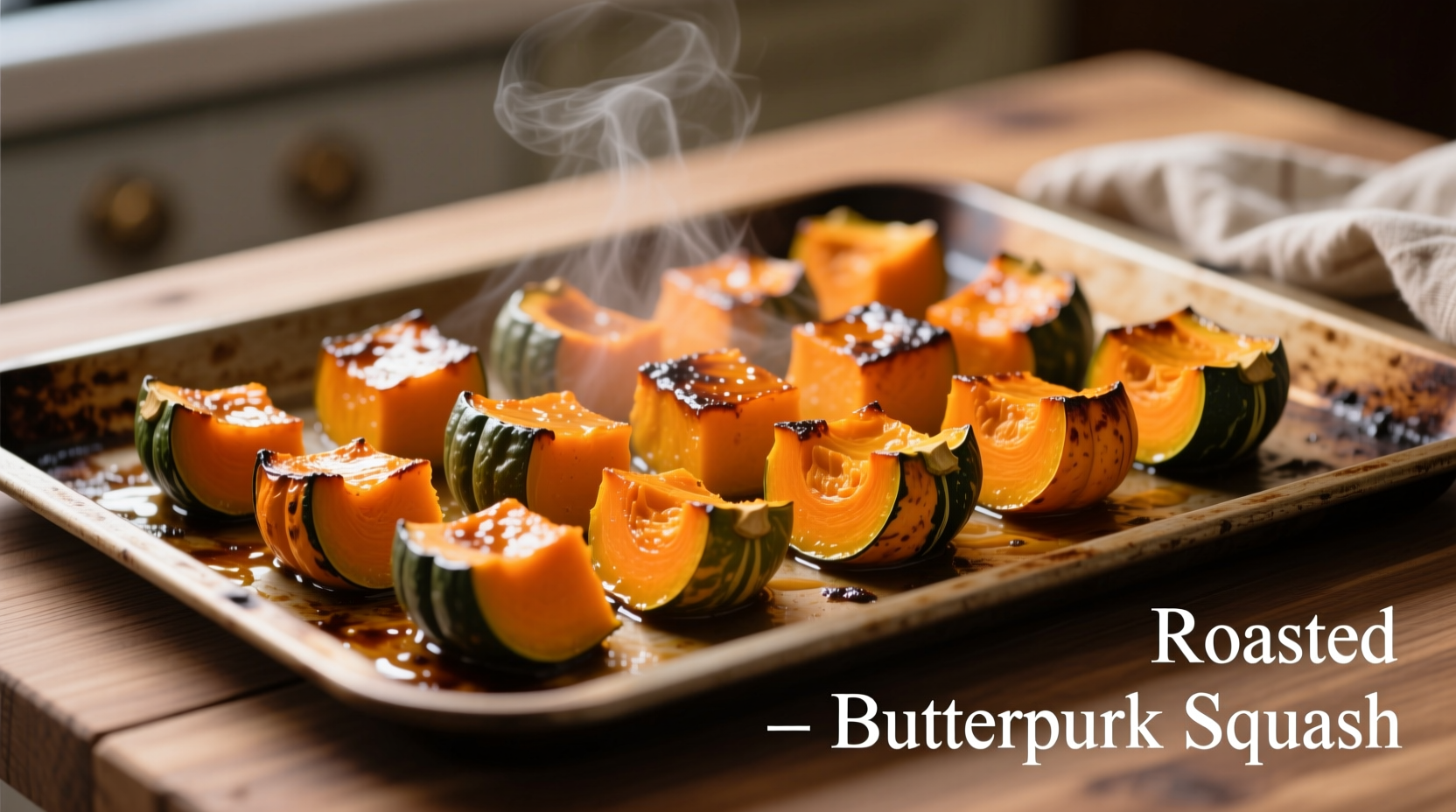 Perfectly roasted buttercup squash cubes on baking sheet