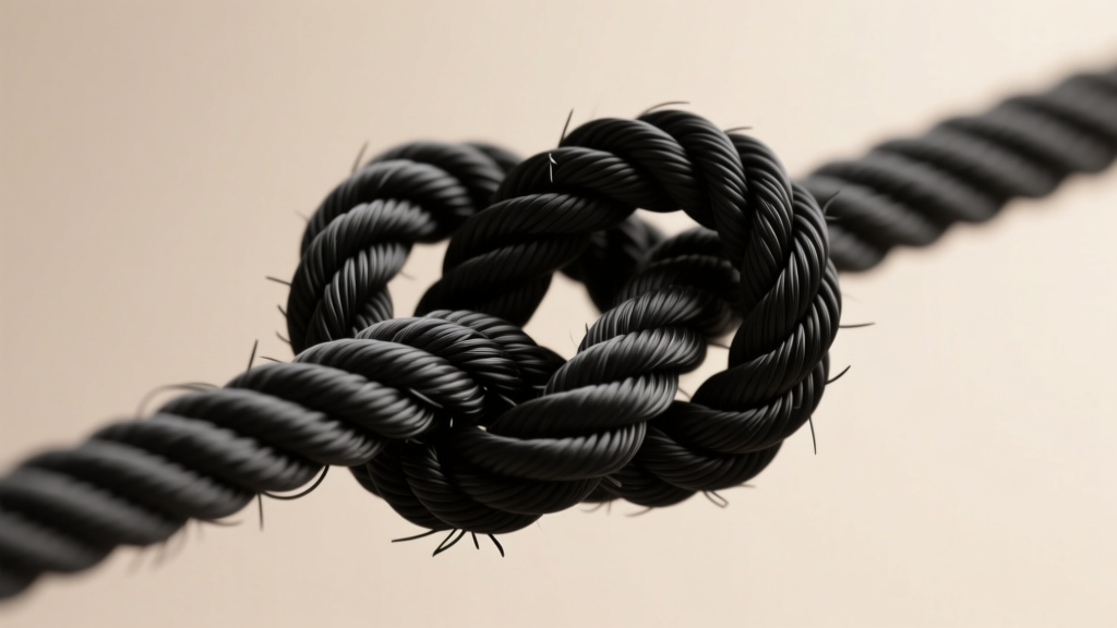 Macro shot of a tightly tied macrame sliding square knot on 1mm black nylon cord, highlighting woven texture and tension
