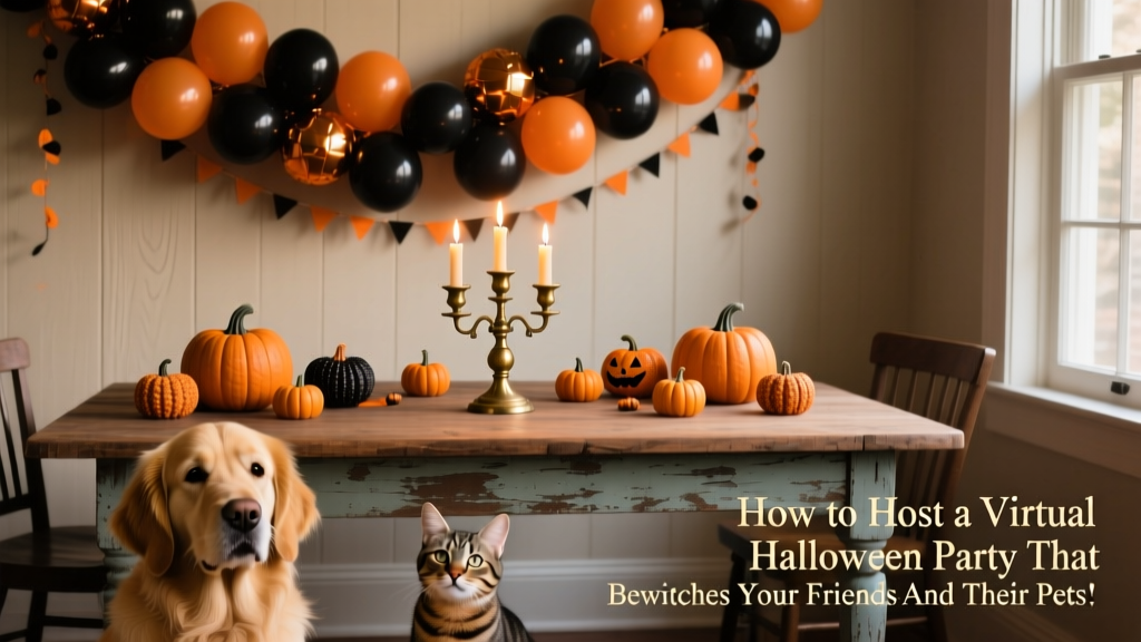 A curated Halloween setup featuring a black-and-orange balloon garland, miniature pumpkins, and a vintage-style candle holder—all arranged on a wooden table against a neutral wall