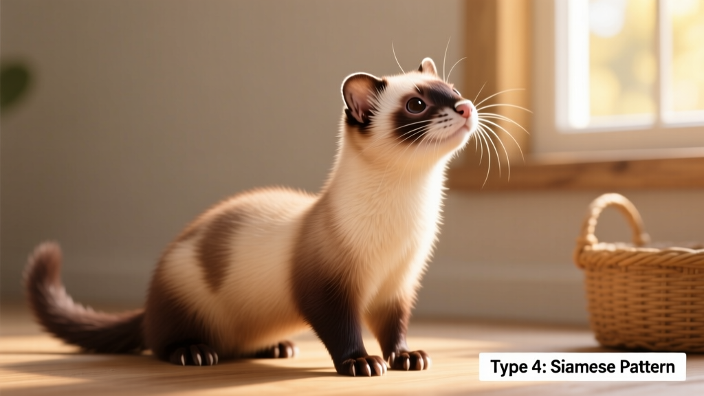 A Siamese-patterned ferret with light tan body, dark brown points on face, ears, feet, and tail