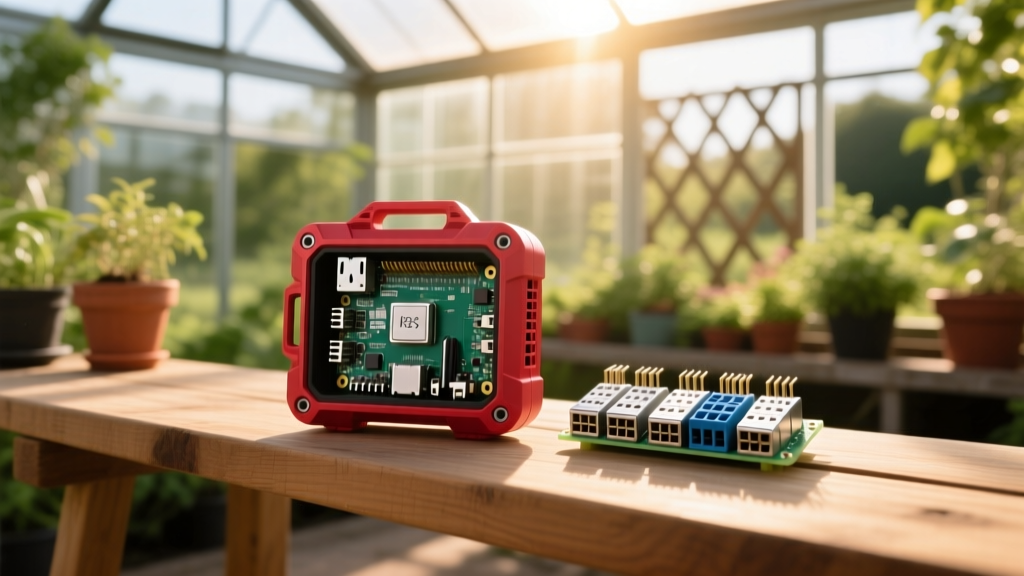 Raspberry Pi 5 inside a weatherproof IP65 enclosure alongside a 4-channel relay module and terminal blocks in a sunlit greenhouse