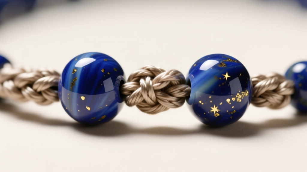 Macro shot of a hand-knotted silk string between two polished lapis lazuli beads in a gemstone mala, showing intricate knotting.