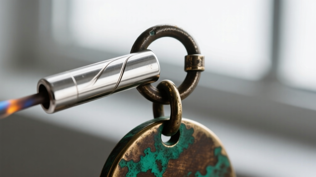 Macro shot of a soldered sterling silver tube bail holding a heavy bronze pendant, showing a thick reinforced jump ring.
