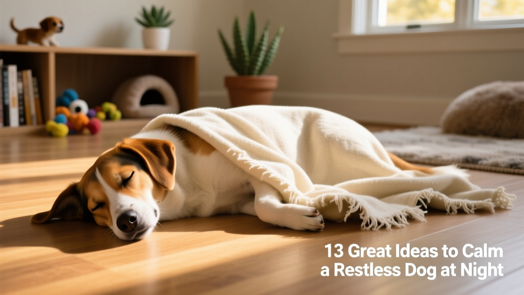 A dog resting with a soft, slightly worn blanket draped over its body, looking relaxed and secure