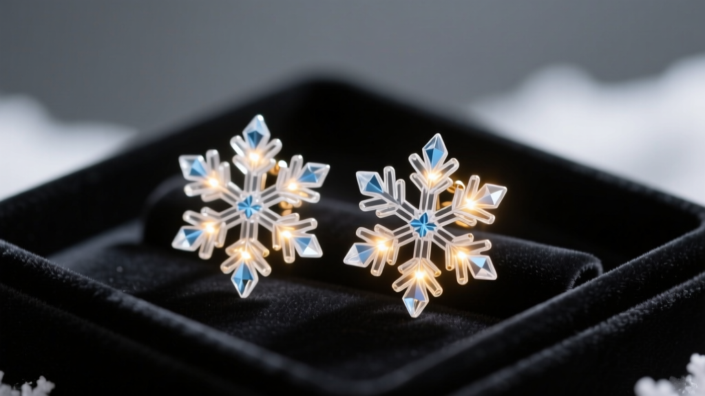 Acrylic snowflake earrings with embedded LED lights glowing softly, resting on a dark velvet jewelry tray in dim warm light.