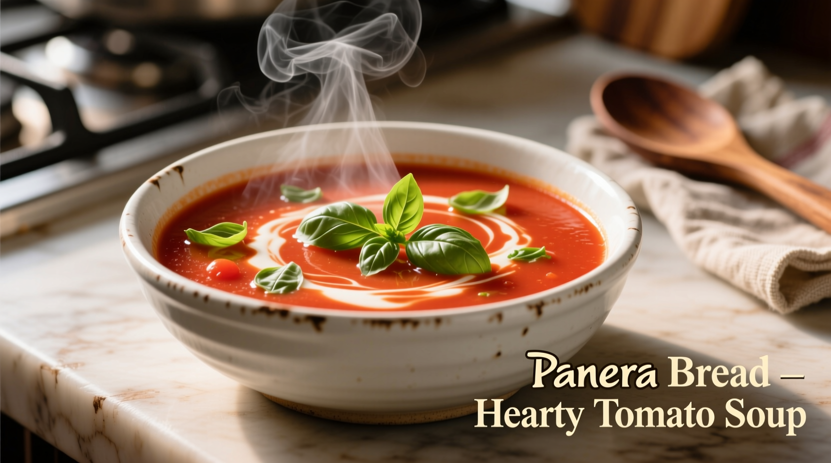 Bowl of Panera tomato soup with fresh basil garnish