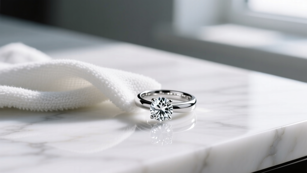 Close-up of a microfiber cloth gently polishing a platinum diamond engagement ring resting on a clean marble surface