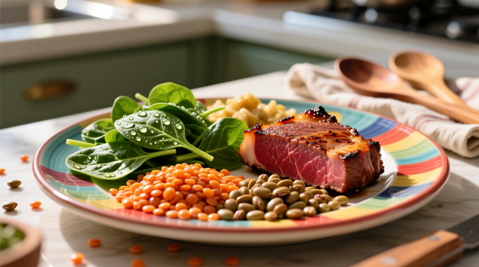 Colorful plate of iron-rich foods including spinach, lentils, and red meat