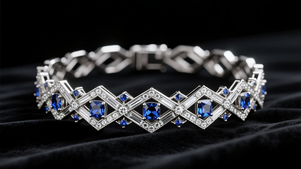 Platinum Art Deco diamond bracelet with geometric calibré-cut sapphires resting on black velvet under soft studio lighting