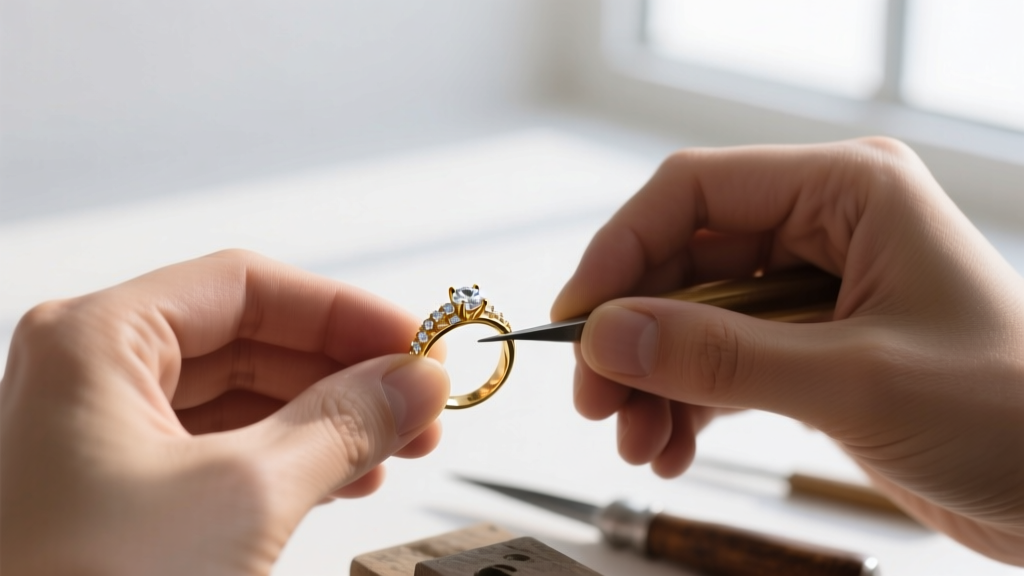 Jeweler's tweezers holding a small 5-gram 14k gold counterweight charm next to the lobster clasp of a thick chain necklace.