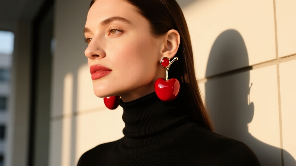 Woman wearing large red enamel cherry dangle earrings, styled with a black turtleneck, illuminated by warm golden hour sunlight.