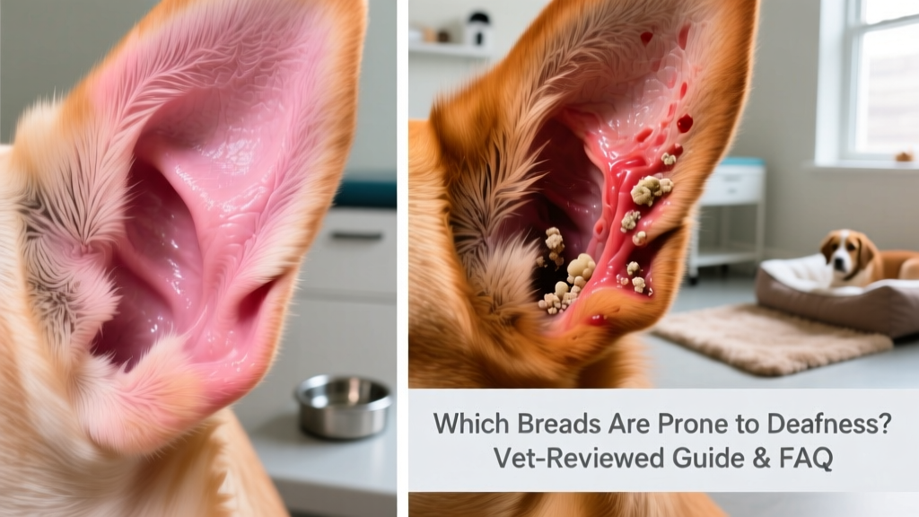 Side-by-side comparison of a healthy pink ear canal and an inflamed, infected ear canal in a dog