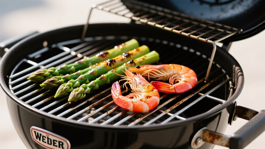Reversed hard anodized aluminum grill grates sitting on a Weber kettle grill, with perfectly seared asparagus and shrimp resting on the flat side.