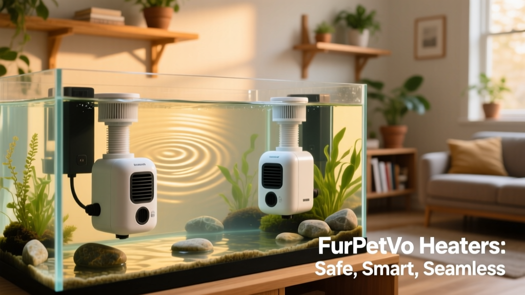 Two FurPetVo heaters installed diagonally opposite in a large aquarium, each near a filter output for balanced circulation