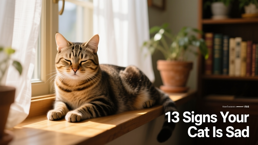 A relaxed cat resting on a sunlit windowsill, looking calm but alert