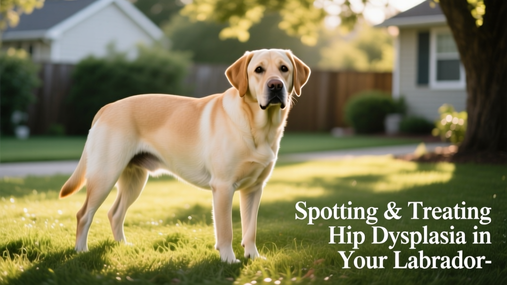 Labrador Retriever standing on grass, showing balanced posture and healthy hind-end alignment