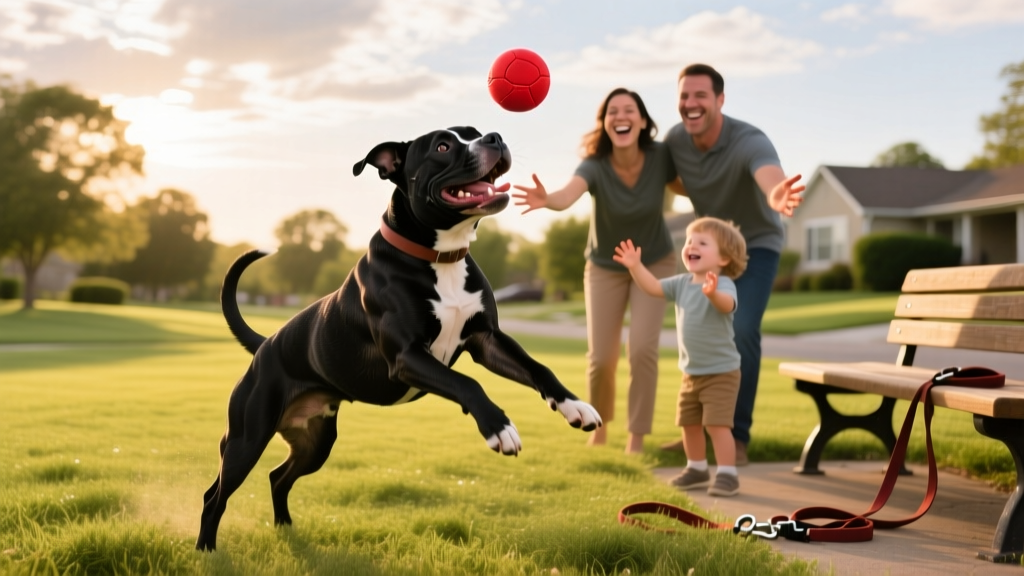 A happy American Staffordshire Terrier playing fetch in a grassy park with his new adoptive family