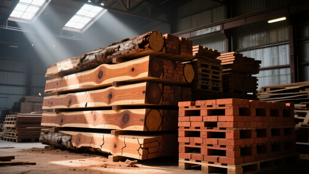 Stacks of reclaimed longleaf heart pine lumber and salvaged red clay brick pallets inside a dimly lit architectural salvage warehouse in Winston-Salem