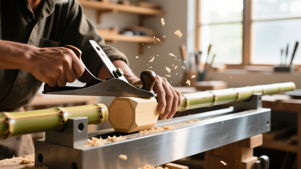 Close-up of a craftsman planing a hexagonal Tonkin bamboo fly rod blank on a precision metal form in a sunlit woodworking shop