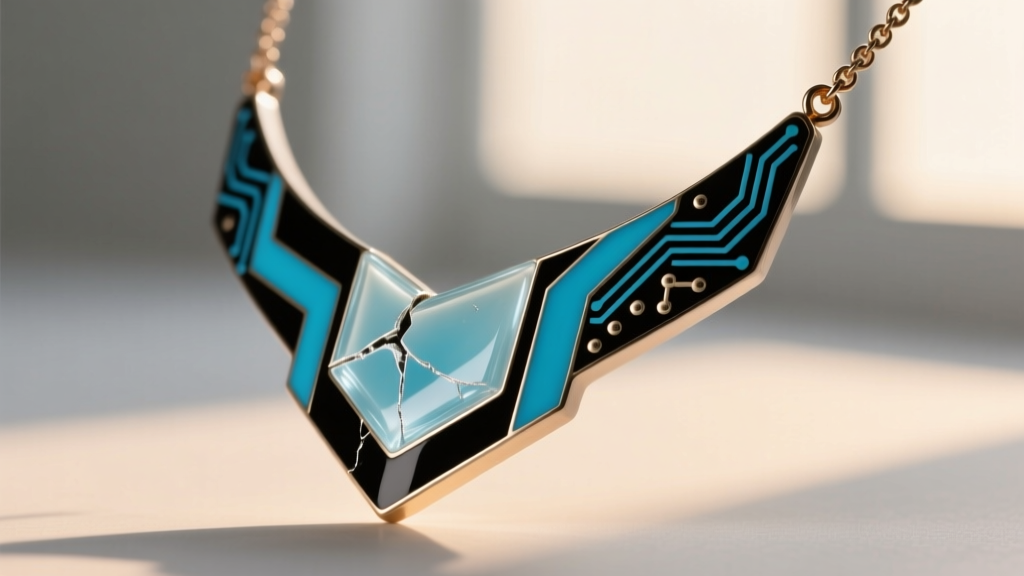 Macro shot of a chipped cold enamel repair on a custom gaming necklace, showing precise application of clear jeweler