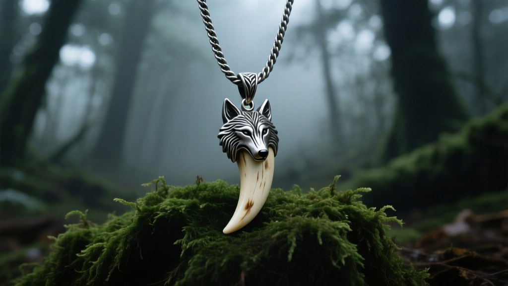 Carved bone wolf tooth pendant on an oxidized silver rope chain resting on dark green moss under moody natural forest lighting.