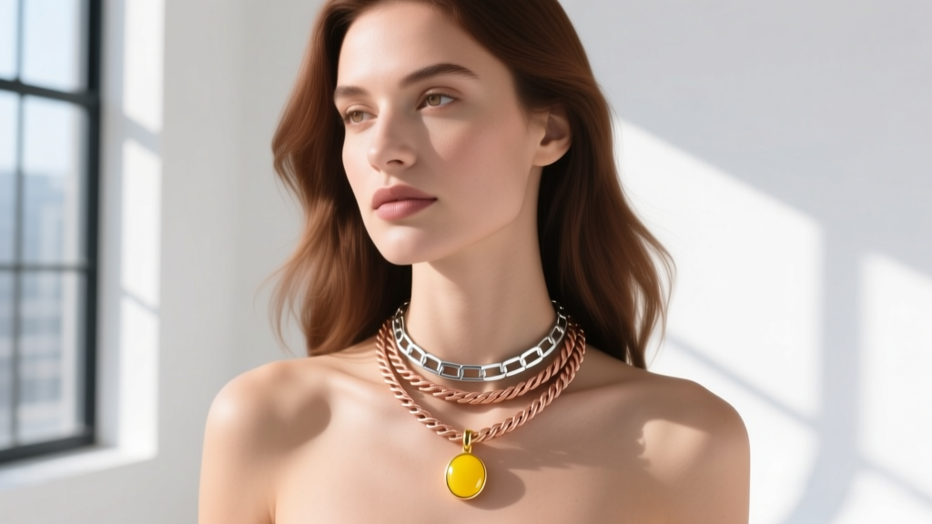 Woman wearing a mixed-metal layered necklace stack featuring a silver box chain, rose gold rope chain, and a yellow gold pendant.