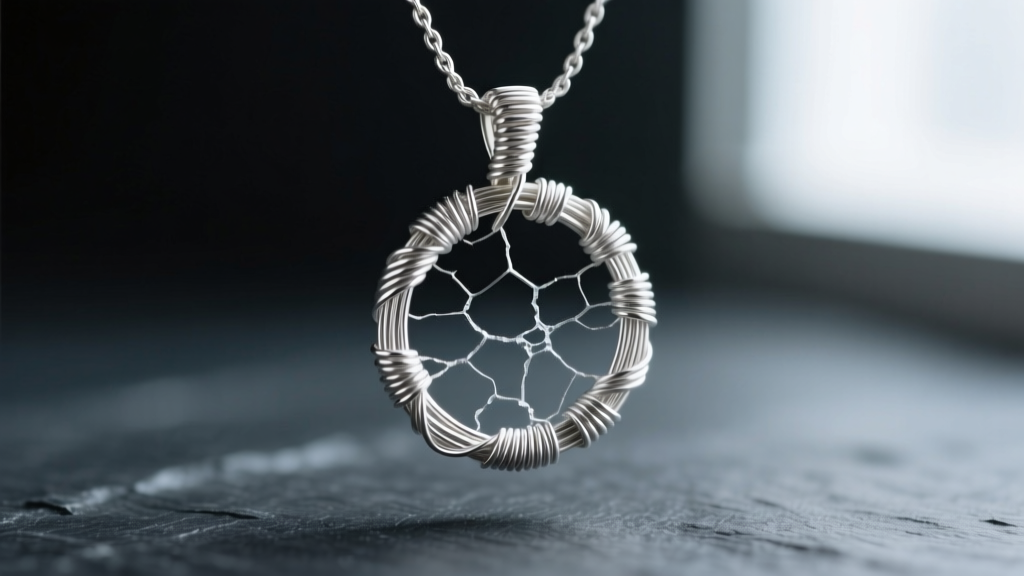 Macro shot of a wire-wrapped pendant showing stress fractures on half-hard sterling silver wire against a dark slate background.