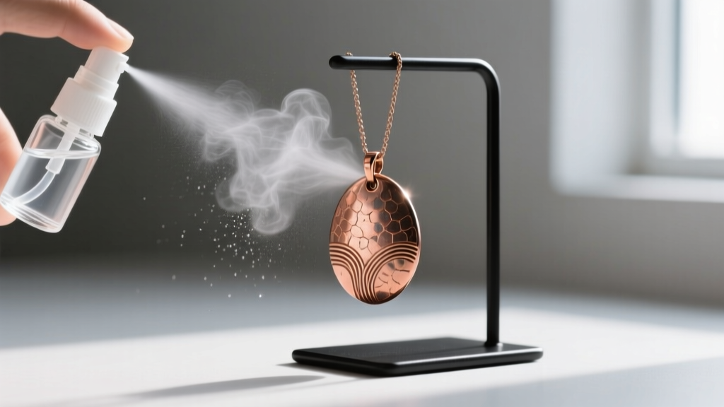 A small glass bottle of clear jewelry sealing spray being applied to a textured copper pendant hanging on a minimalist metal stand.