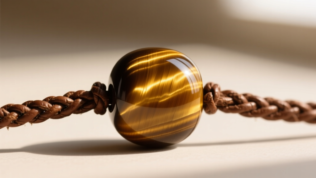 Macro photography of a tiger eye gemstone bead showing golden chatoyancy bands strung on a braided brown leather cord necklace