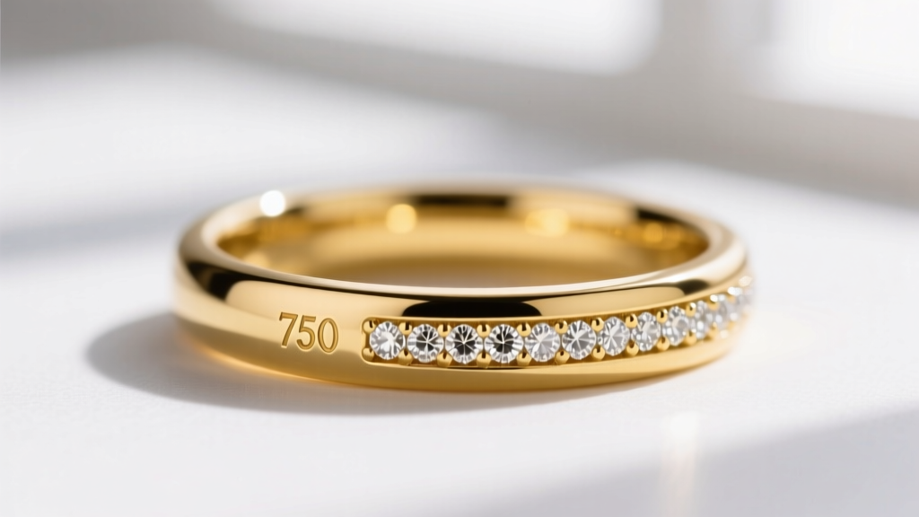 Macro shot of an 18-karat yellow gold ring shank showing a 750 hallmark beside a meticulously paved micro-prong diamond band.