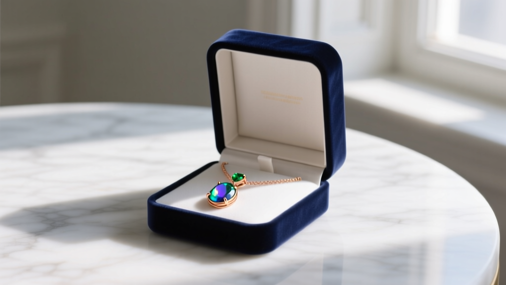 Open navy velvet box on a marble table revealing a rose gold opal and emerald pendant necklace illuminated by soft morning light.