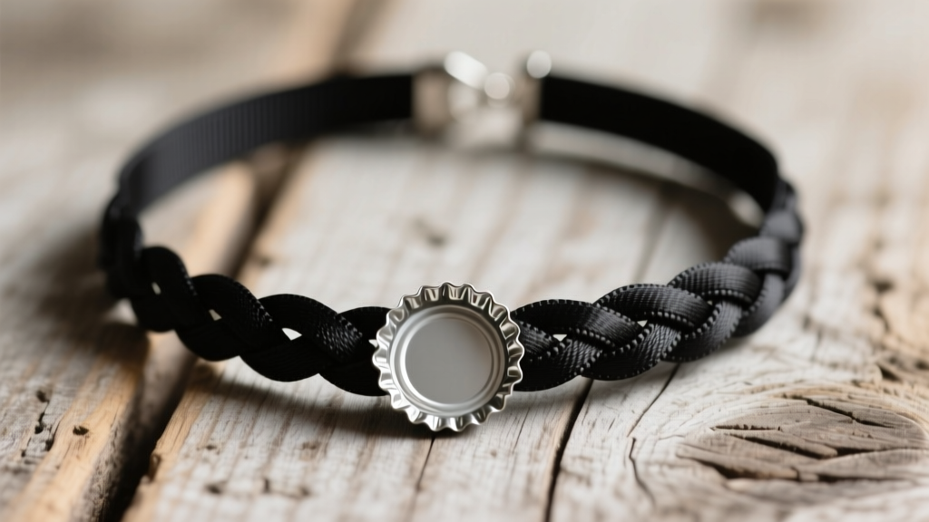Pop tab necklace woven with black grosgrain ribbon on rustic wood under soft lighting, highlighting the aluminum texture