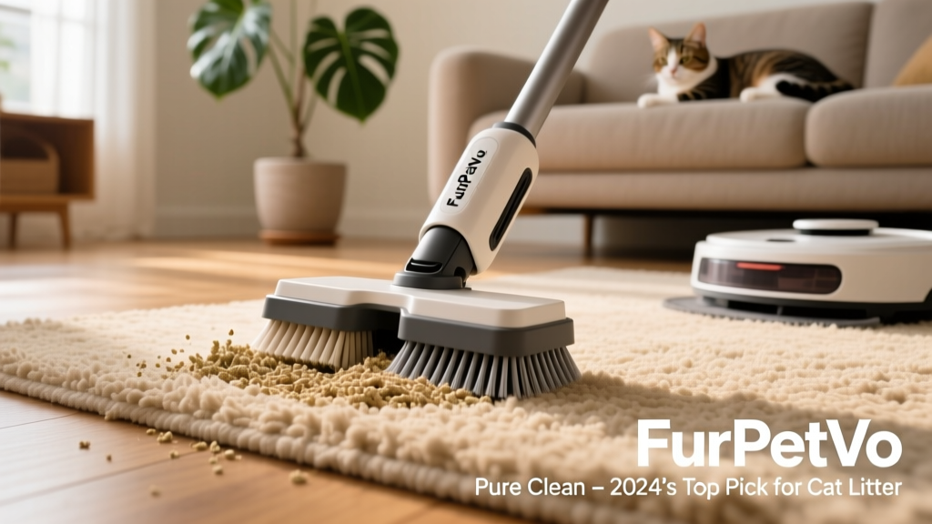Close-up of FurPetVo Pure Clean’s dual brush system extracting litter from a low-pile rug