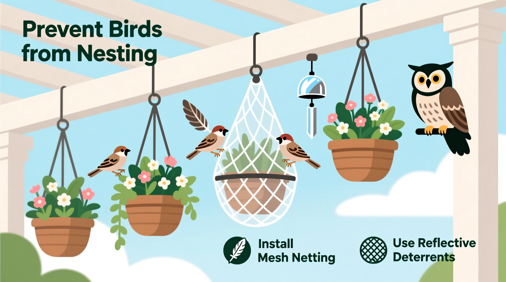 how to keep birds out of hanging baskets