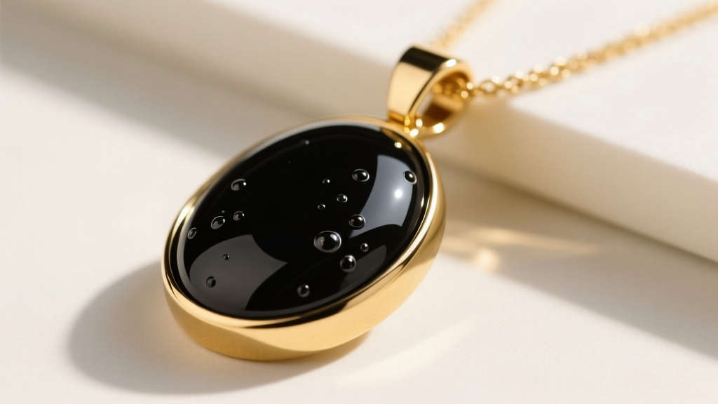 Macro close-up of glossy black epoxy resin inlay meeting a polished gold-plated brass bezel on a designer pendant necklace edge.