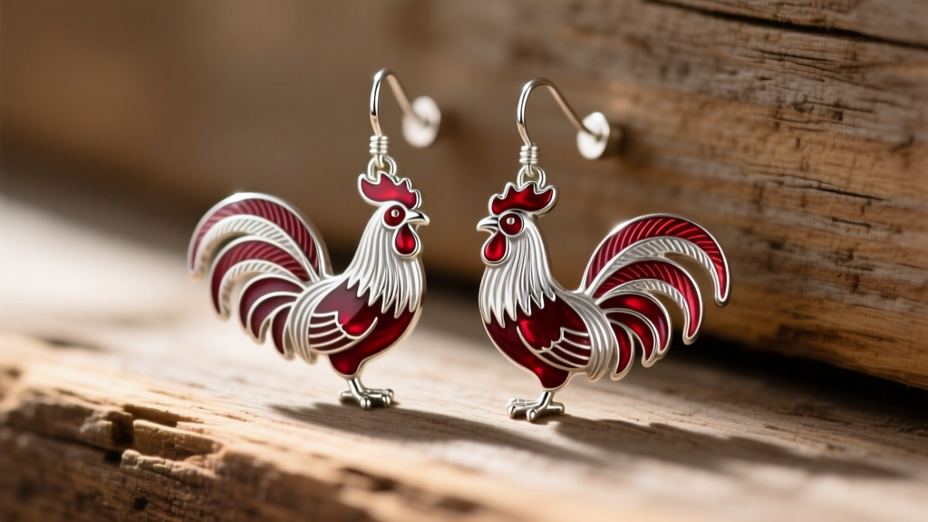 Garnet enamel and silver gamecock earrings on wood, highlighting detailed feather textures and sturdy 18-gauge earring posts.