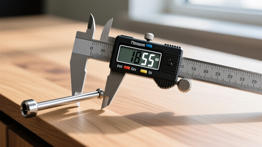 Close-up of a digital caliper measuring the post length of a 16-gauge titanium straight barbell on a wooden desk