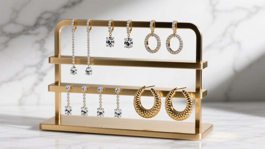 Tiered brass metal earring holder frame displaying long diamond drop earrings and large textured hoops against marble.