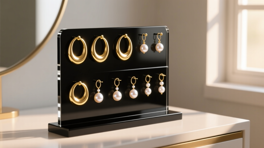 Matte black acrylic earring rack on vanity displaying heavy gold hoops and pearl drop earrings under soft warm morning lighting