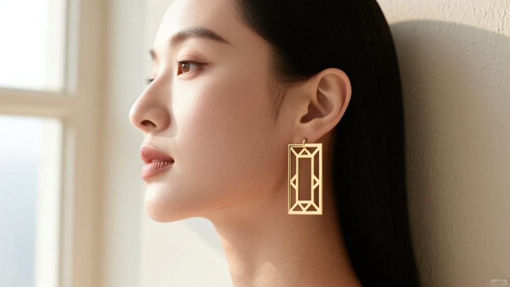 Side profile of a woman wearing lightweight hollow-core gold rectangle hoop earrings, showing how the shape frames the jawline