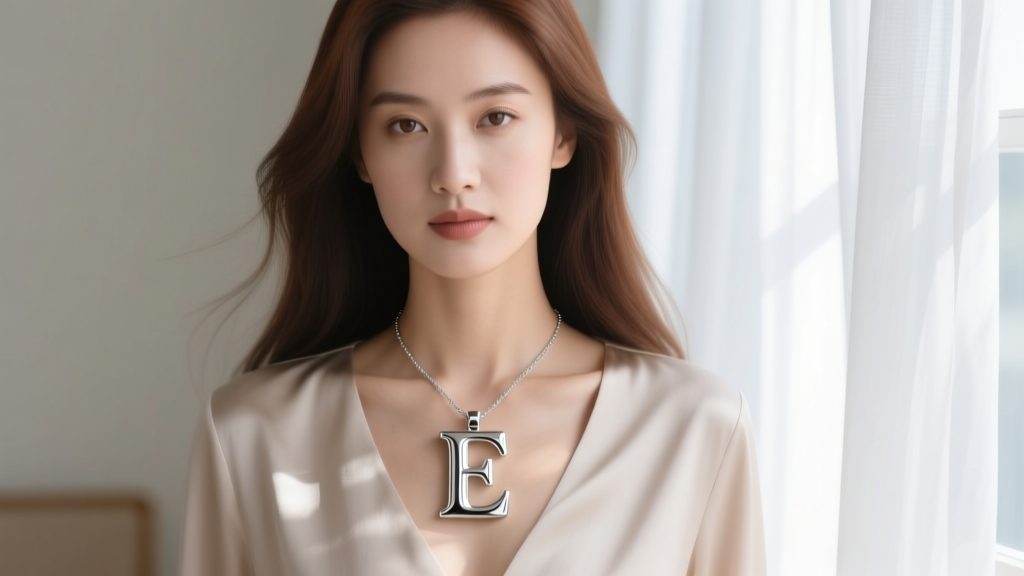 Woman wearing a large stainless steel letter pendant resting against her collarbone, photographed in soft natural window lighting