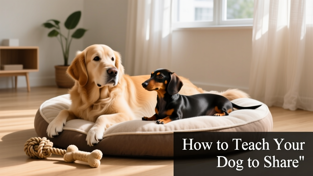 Two dogs peacefully sharing space on a large dog bed, each with their own chew toy nearby