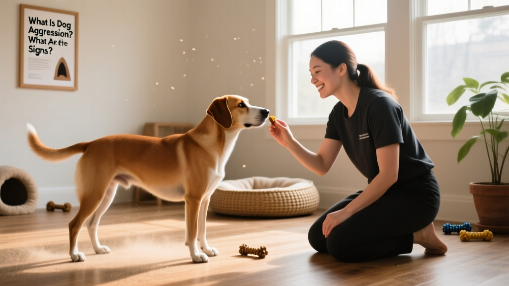 Trainer using positive reinforcement techniques with a calm, engaged dog during a behavior session