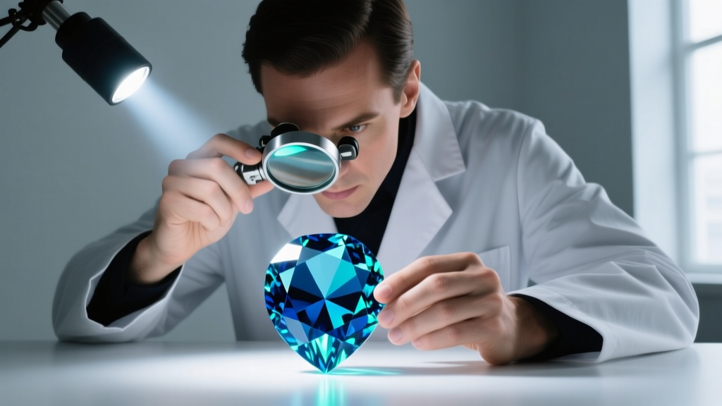 Jeweler examining the basal cleavage plane of a Swiss blue topaz using a loupe, illuminated by a focused LED gemological light.