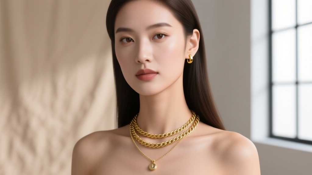 Portrait of a woman wearing a 16-inch gold cable chain and an 18-inch pendant necklace against a soft beige studio backdrop