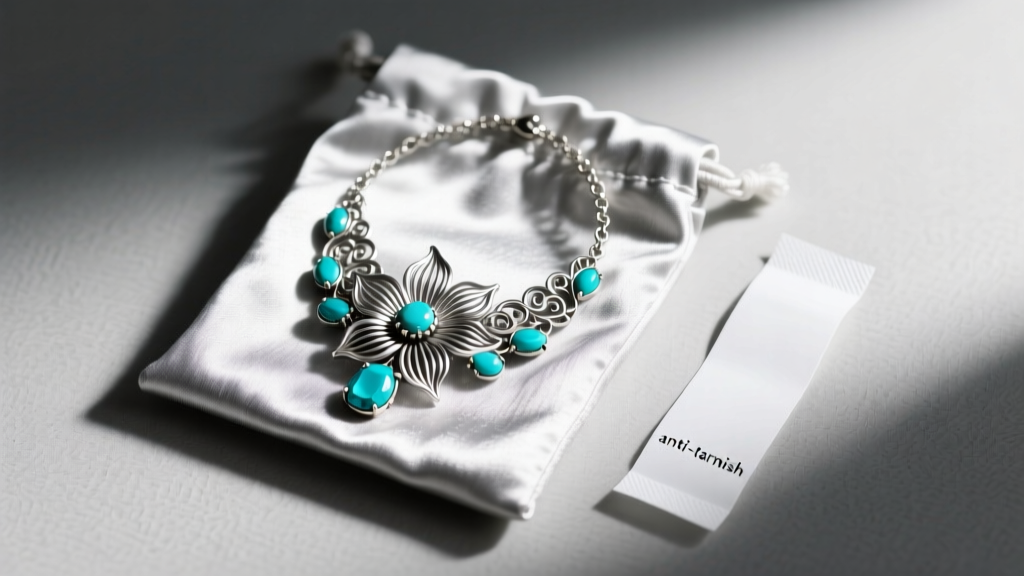 Authentic squash blossom necklace folded inside a Pacific silver cloth storage pouch alongside a white anti-tarnish strip.