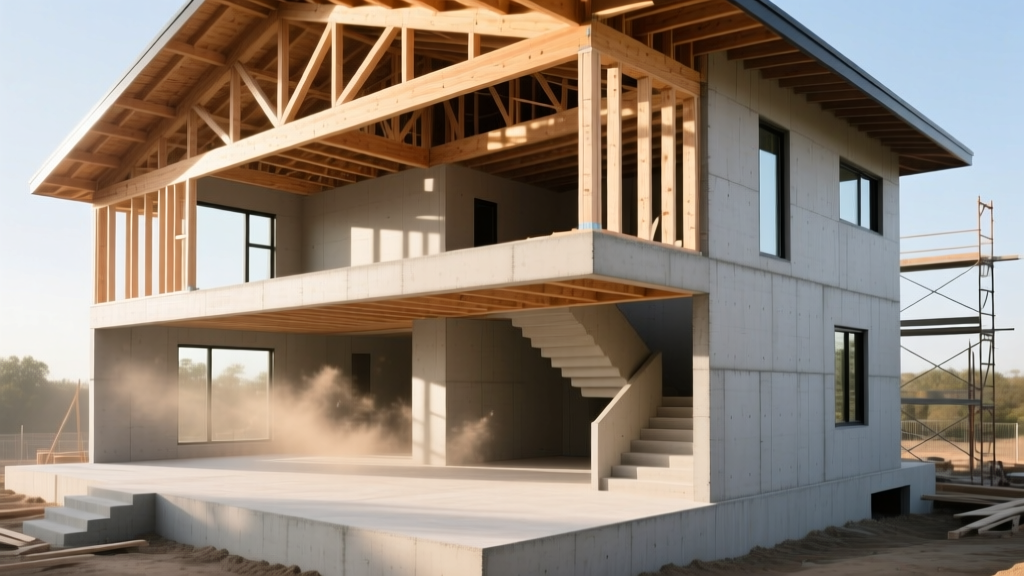 Modern 2500 square foot two-story home under construction with exposed wood framing and insulated concrete forms on a poured concrete foundation
