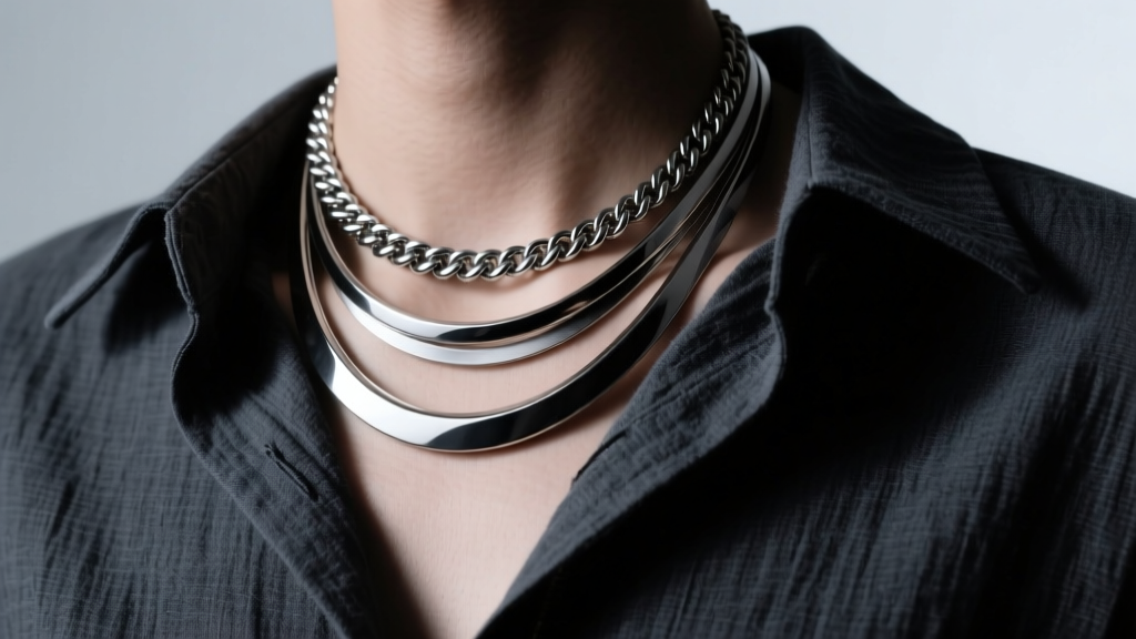 Layered gunmetal PVD stainless steel necklaces on a dark charcoal linen shirt under moody, directional studio lighting.