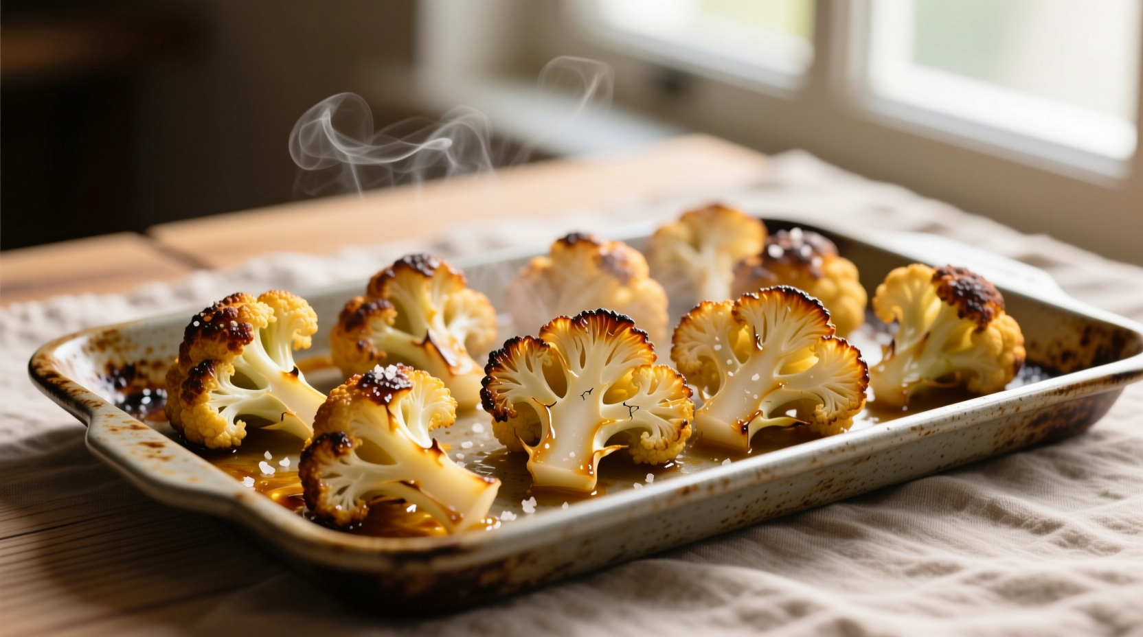 Perfectly roasted golden cauliflower florets on baking sheet